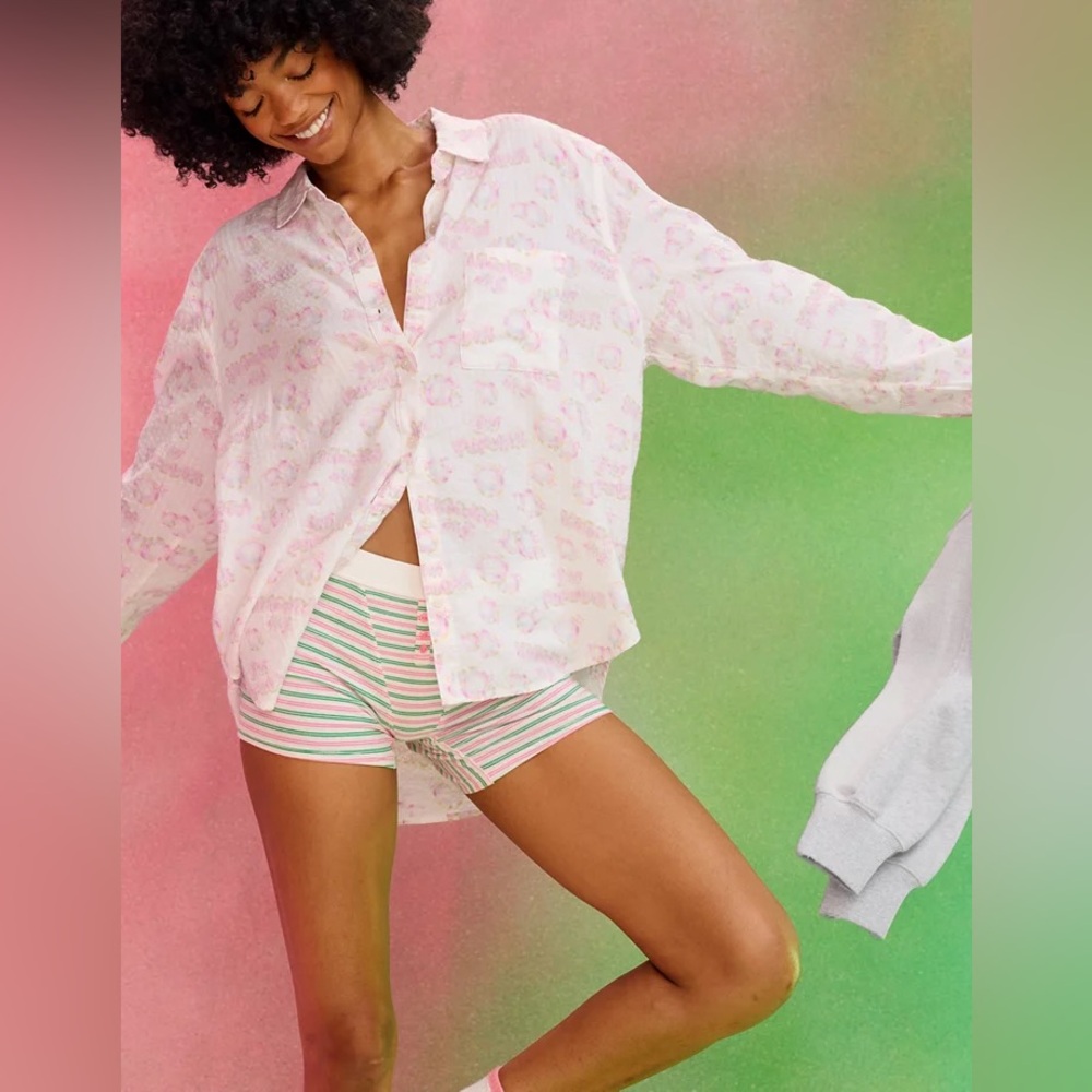 Aerie Wicked Pajama Set Seersucker Pink Graphic Button Down & Shorts M/L